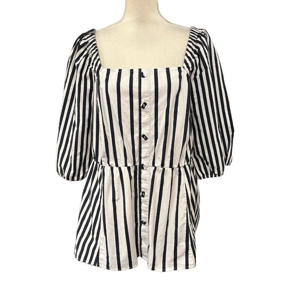 Lane Bryant Top Womens 18 Blue White Contrast Stripe Peplum Button Down Nautical - Picture 1 of 10